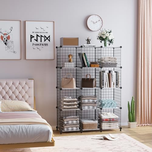 AWTATOS 12 Cube Storage Wire Closet Organizers DIY Stackable Storage Shelves Bookcase Cabinet for Home Office, Black - color: Black+translucent, size: 12 Cube(30x30cm)