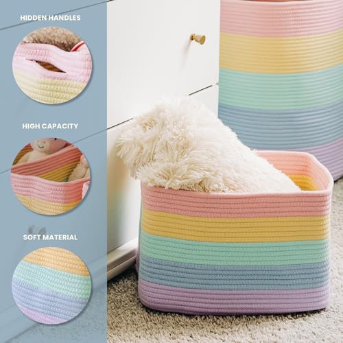 OrganiHaus Set of 3 Pastel Rainbow Baskets - Colorful Woven Storage Baskets for Playroom, Nursery & Classroom Decor, Toy Storage, 15x9x10 - color: Rainbow Pastel