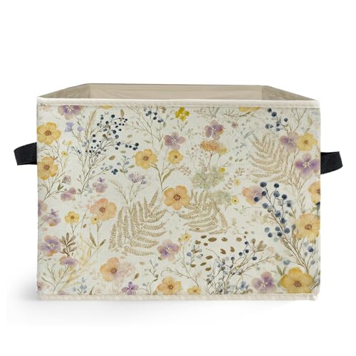 Watercolor Wildflower Storage Box Bins, Vintage Cottagecore Botanical Floral Collapsible Storage Basket Organizer for Bedroom Laundry Room Home Clothes Toys Books, Toybox for Girls - color: Floral D