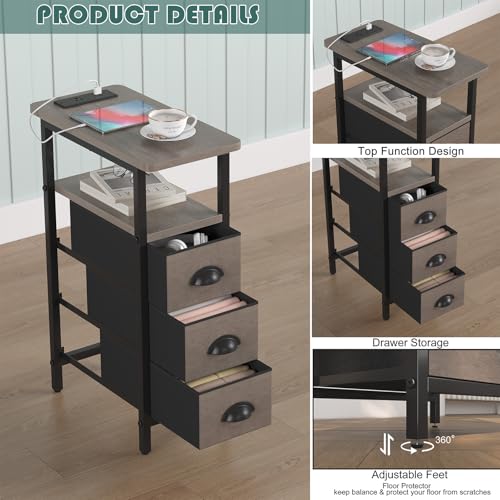 sthmec End Table with Charging Station,Narrow Side Tables with USB Ports and Outlets,Skinny Bedside Tables with 3 Drawers,Small Tables Nightstands for Small Space,Slim Sofa Table for Livingroom,Grey - color: Grey, size: 7.88'' W*15.75'' D*24.3'' H, style: