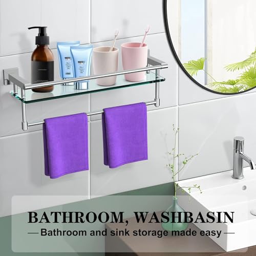 Bathroom Glass Shelf with Towel Rack Organizer Wall-Mounted Bathroom Storage SUS304 Stainless Steel Towel Bar/Track Wall-Mounted Tempered Glass Shelves (Chrome Polished, 20-inch) - color: Chrome Polished, size: 20-inch with Railing