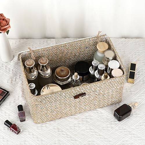 Sumnacon Wicker Basket with Lid Rectangle Woven Baskets for Toiletries Tampon Storage,Wicker Storage Basket with Lid,Decorative Seagrass Storage Baskets for Shelf Bathroom Toilet Table,Whitewash - color: Whitewash, size: Medium