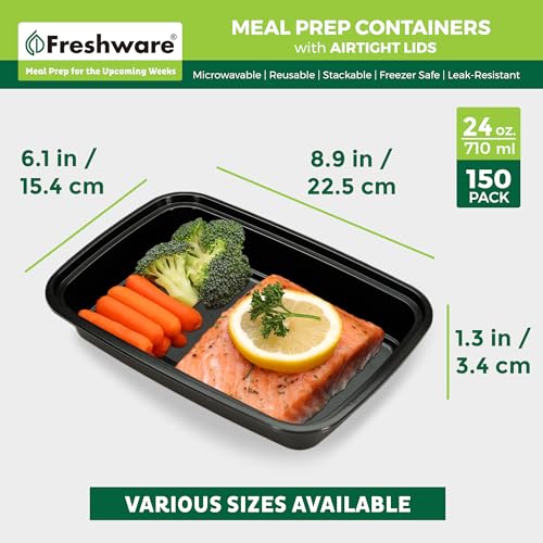 Freshware Meal Prep Containers [150 Pack] 1 Compartment with Lids, Food Storage Containers, Bento Box, BPA Free, Stackable, Microwave/Dishwasher/Freezer Safe (24 oz) - size: 24OZ-150PK