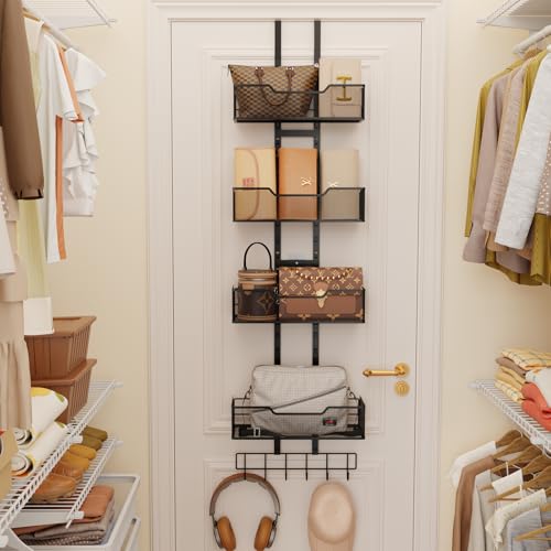Dmevkic Purse Organizer Over The Door,Adjustable Durable Metal Purse Holder Handbag Purse Organizer for Closet with 5 Hooks Medium - color: Black