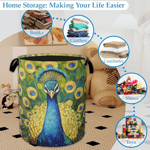 Peacock Laundry Basket Collapsible Laundry Hamper Clothes Toy Storage Bin for Bathroom Bedroom Room Decor 16" X 20.8" - color: Peacock