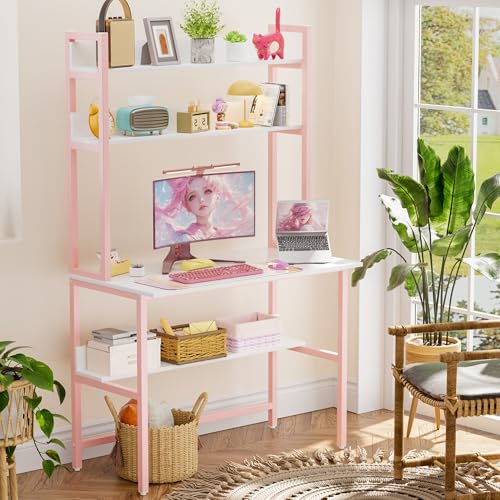 Aquzee Girls Desk with Hutch, 40“W x 19.6" D Computer Desk with Shelves, Tall Home Office Desk with Bookshelf, Metal Legs Study Table with Upper Storage Shelf for Study Writing/Workstation, Pink - color: Pink, size: 40inch