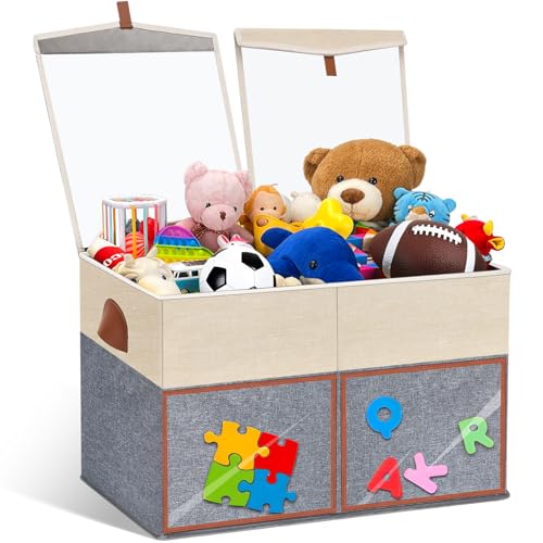 1 Pack Large Toy Storage Box with Clear Lids Collapsible Toys Chest Organizer Bin Basket with Adjustable Dividers for Kids Boys Girls Living Room Nursery Playroom Closet Beige and Grey - color: Beige and Grey, size: 1 Pack