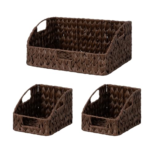 GRANNY SAYS Wicker Storage Basket for Shelves, Wicker Basket with Handles, Trapezoid Woven Baskets for Storage, Decorative Baskets for Home Decor, Brown, 3 Pack - color: Brown, size: 10¾"D x 17"W x 7½"H + 2x 9½"D x 7½"W x 6¾"H