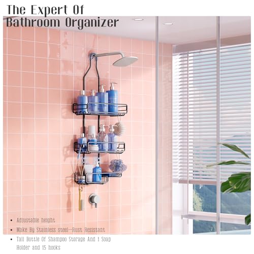 Shower Caddy Hanging Bathroom Organizer: Over Head Adjustable Rack for Tall Showerhead - Extra Large Storage Shelf for Big Shampoo Bottles with Soap Holder - color: Black