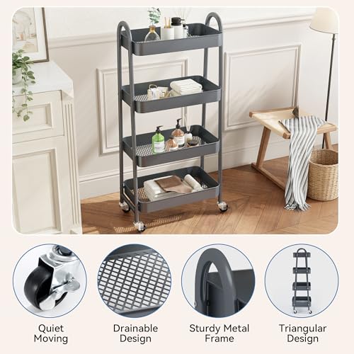 NEWBULIG 4-Tier Rolling Utility Cart with Locking Wheels, Slim Metal Mobile Storage Organizer Shelf for Small Spaces, Bathroom, Living Room, Grey - color: Gray, size: 4-Tiers