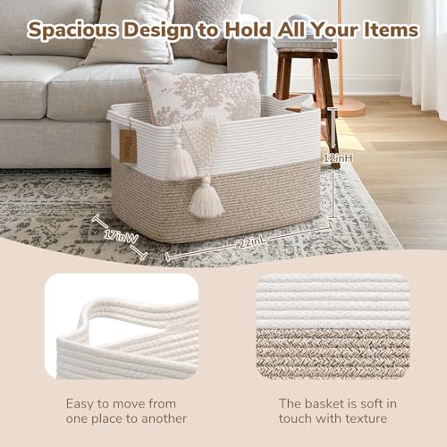 Goodpick Woven Storage Basket, 22”x17”x12” Large Blanket Storage for Living Room, Rope Baskets for Organizing, Rectangle Nursery Toy Box With Handles, Brown and White - color: Light Brown, size: 22"L x 17"W x 12"H