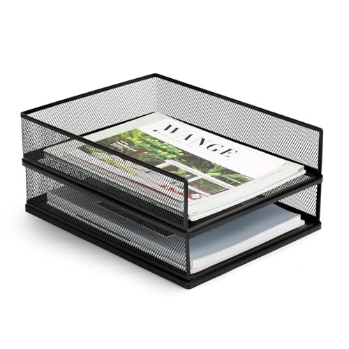 Wire Mesh Letter Trays Paper Tray Desk File Organizer, 2 Pack Stackable Metal Front-Load Documents Tray for Office Supplies File (Lengthways)