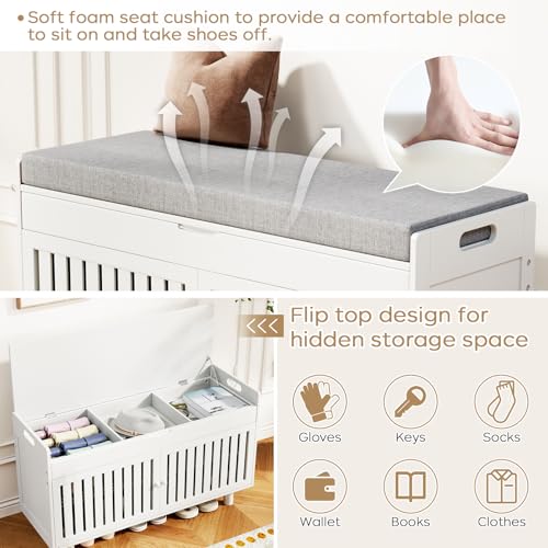 oakvivo 35.4in Shoe Bench with Storage, Bamboo Entryway Bench with Lift Top Hidden Storage & Padded Seat, 2 Doors 2-Tier Narrow Shoe Rack Cabinet Organizer for Hallway Mudroom Bedroom, White - color: White