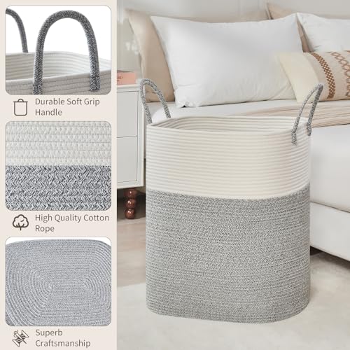 AINUOQI Laundry Basket with Handles - Blanket Basket & Hampers for Bedroom Aesthetic, Laundry Hamper & Blanket Storage for Living Room, Clothes Hamper, Tall, Large 17" x 14" x 24”, White & Grey - color: Light Grey, size: 85L