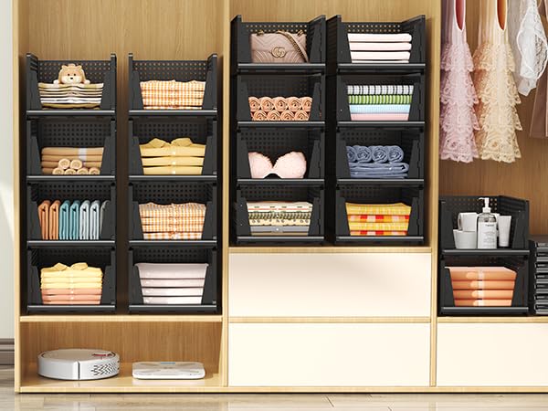 Folding Closet Organizer and Storage for Shelves, 5 Pack Stackable Plastic Storage Basket for Closet, Top Bottom of Closet Organizer, Drawers Organizer for RV, Camper, Pants, Clothes, Office - color: Black