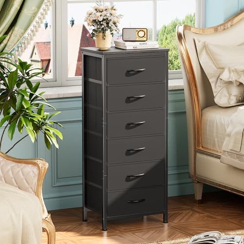 Huuger 43.3 Inch Tall Dresser for Bedroom, 6 Drawer Night Stand & Chests of Drawers, Fabric Dresser for Closet, Bedroom, Nightstand, End Table with Metal Frame, Storage Tower with Fabric Bins, Black - color: Black, size: 43.3inch(6 Drawers)