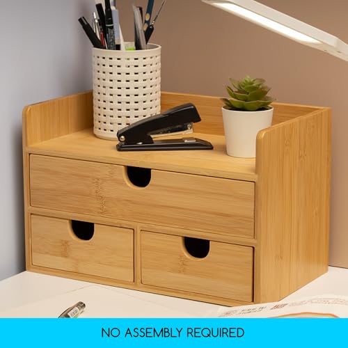 MEEDEN Bamboo Desk Organizer with Drawers: Desktop Storage Container with Shelf - Tabletop Storage Organization Box for Office Home Toiletries Supplies - color: 3 Drawers with shelf