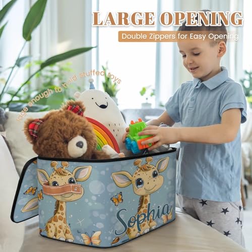 Custom Storage Basket with Name, Personalized Storage Bins with Zipper Lid, Foldable Fabric Storage Box Large capacity with Handle Butterfly Giraffe - color: Option 21