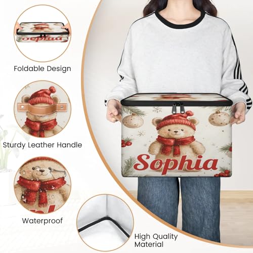 Custom Storage Basket with Name, Personalized Storage Bins with Zipper Lid, Foldable Fabric Storage Box Large capacity with Handle Bear Red Hat Scarf - color: Option 16