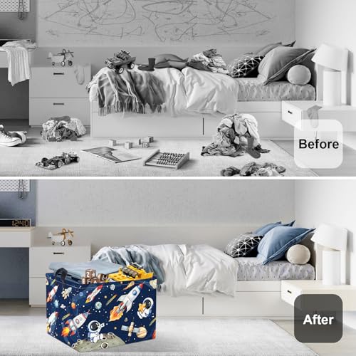 Space Rockets Laundry Hamper Cartoon Astronaut Large Storage Basket Planet Collapsible Parents Organizer Boys Clothes Toy Bins for Bedroom, Bathroom, Blue, 36L - color: Blue, size: 36L