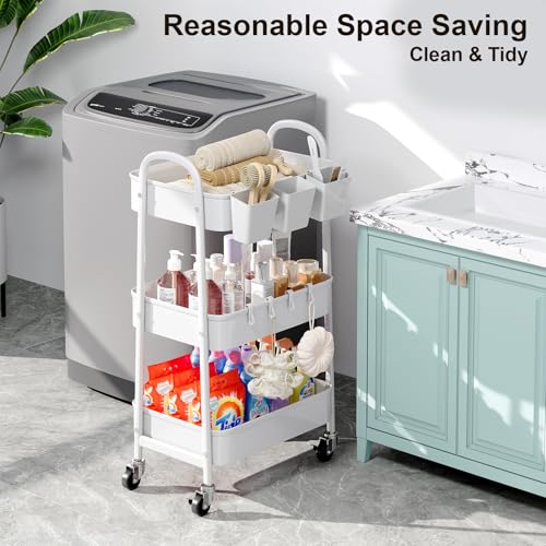3 Tier Heavy Duty White Metal Rolling Cart with Lockable Wheels, Three Tier Roller Book Snack Cart, Utility Storage Organizer Carts for Kitchen, Bathroom, Garage, Baby Diaper, Craft, Art, Teacher - color: Simple White, size: 3 tier