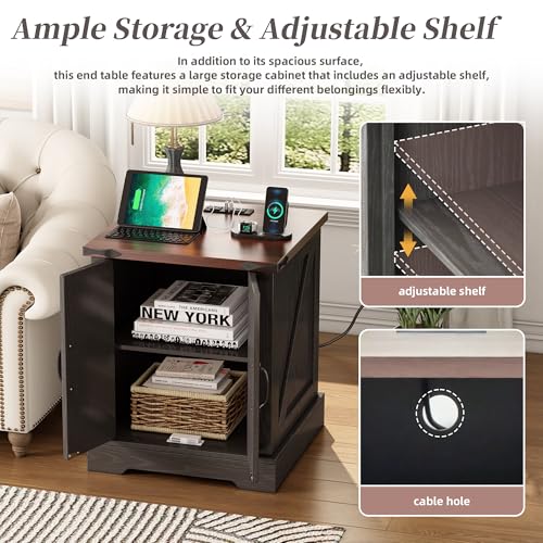 Farmhouse End Table with Charging Station, Rustic Wood Nightstand with Adjustable Shelf, 19.6"W Versatile Walnut Sofa Side Table with Barn Doors and Retro Hinges for Bedroom, Living Room (Grey-kk025) - color: Grey-kk025