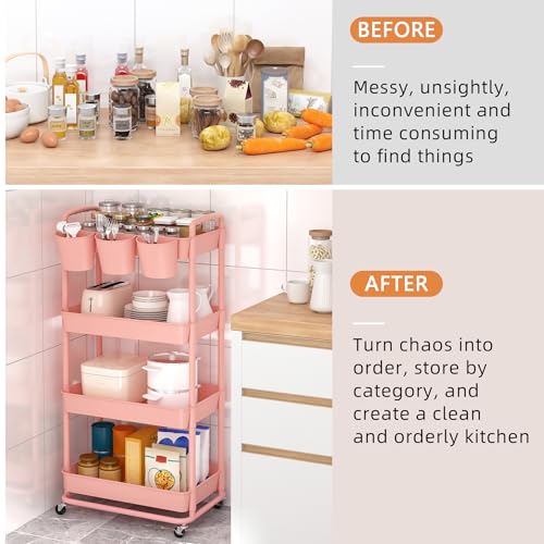 JIUYOTREE 4-Tier Plastic Rolling Storage Cart Utility Cart with Extra Hanging Cups Handles Lockable Wheels for Living Room Bathroom Kitchen Office Pink - color: Pink, size: 4-Tier