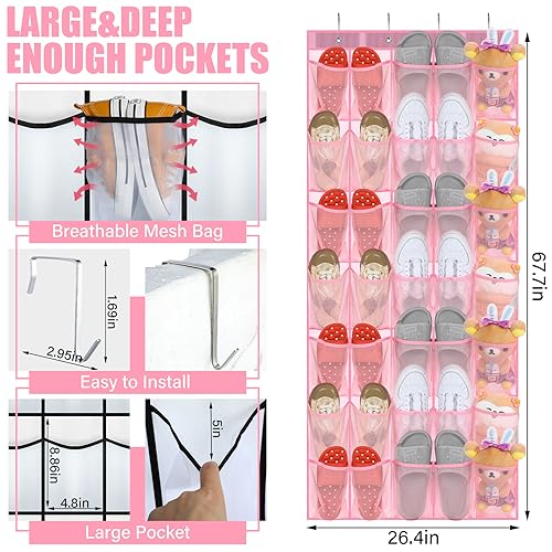 Windyun 2 Pack 40 Over the Door Shoe Organizers Large Mesh Pocket Hanging Shoe Rack for Closet Nonslip Behind Door Storage Holder Back to School Organizer for Dorm Room College Storage(Pink) - color: Pink