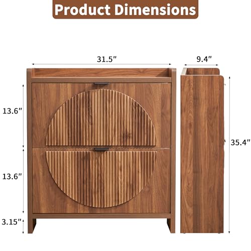 Narrow Shoe Cabinet Storage for Entryway, Wood Slim Shoe Rack Cabinet with 2 Flip Drawers, Freestanding Hidden Shoe Storage Organizer, Space-Saving, Fluted Pattern for Hallway,Living Room (Walnut) - color: Walnut-2 Flip Drawers