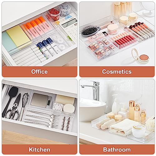 SMARTAKE 6 PCS Clear Plastic Drawer Organizers Set, Large Size Non-Slip Desk Drawer Organizer, 2-Size Versatile Bathroom and Vanity Drawer Organizer Trays for Makeup, Bedroom, Office, Kitchen Utensils - style: 3 Pcs12" x 6" x 2" + 3 Pcs 6" x 6" x 2"