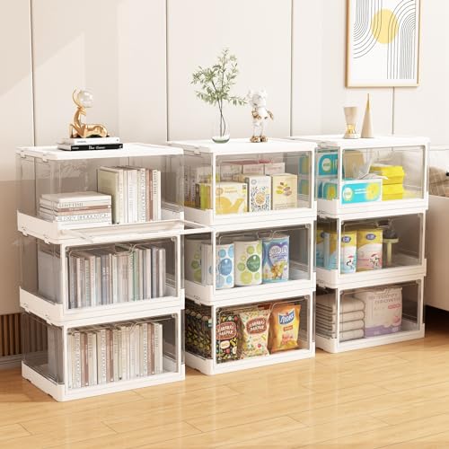 HYBRIDEAS 3-Pack Clear Stackable Storage Bins with Lids Magnetic Doors Open Front Foldable Folding Plastic Craft Containers Large Closet Organizers Box for Bedrooms Living Rooms Study Kids' Toys 24 QT - color: White