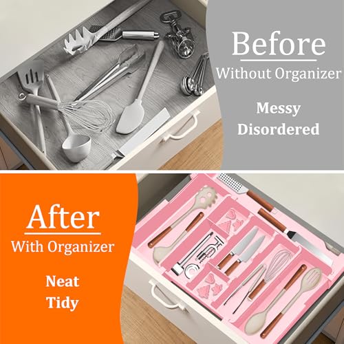Spaclear Large Utensil Drawer Organizer Expandable Silverware Organizer for Kitchen Drawer Adjustable Cooking Utensil Holder Cutlery Flatware Tray Spatula Tools Gadgets Storage Dividers Plastic Pink - color: Pink
