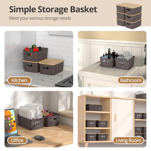 Plastic Storage Bins with Bamboo Lids, Stackable Small Box Baskets for Organizing and Containers for Shelves Drawers Desktop Closet Pantry Classroom Office Home, 6 Pack 10.2x7.2x4.1 Inch, Brown - color: Brown