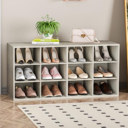 Garden 4 you Shoe Storage Bench, Cubby Shoe Rack with 12 Cubbies, 3-Tier Wood Shoe Rack Organizer, Shoe Organizer Cabinet for Entryway, Hallway, Closet and Garage, Grey - color: Grey, size: 12-cube 3-tier