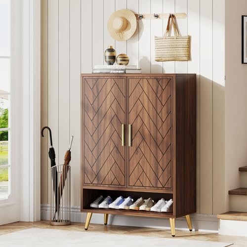 Tribesigns 6-Tier Shoe Cabinet with Doors, Wooden Shoe Storage Cabinet with Adjustable Shelves for Entryway, Hallway, Bedroom (Walnut)
