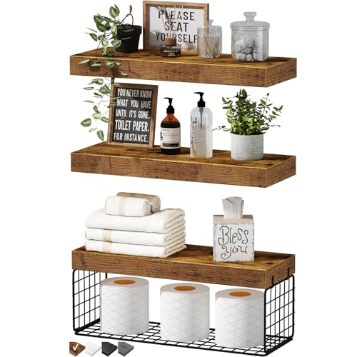QEEIG Bathroom Shelves Over Toilet - Wall Mounted Floating Shelves Toilet Paper Storage Small Farmhouse Decor Shelf 16 inch Set of 3, Rustic Brown (019-BN3) - color: A. Brown, size: 3pcs