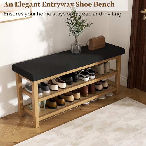 2 Tier Shoe Rack Bench with Cushion, Rubberwood Shoe Benches, Mid-Century Modern Shoe Storage Bench for Entryway, Hallway, Living Room, Closet, Front Door Entrance, Black - color: Black