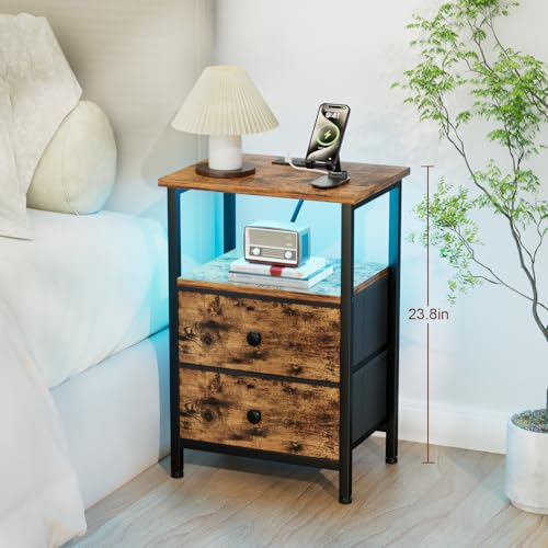 LOAKEKEL Night Stand with Charging Station, Small Bedside Table with USB Ports & Outlets, LED Nightstand with 2 Fabric Storage Drawers PU Finish for Bedroom, Brown, HETS02BR-1 - color: Rustic Brown, style: Two-drawer