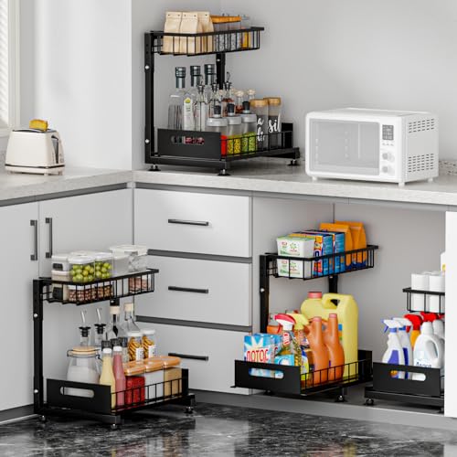 L-Shaped Under Sink Organizer, 2 Pack 2-Tier Pull Out Metal Kitchen Cabinet Organizer with Sliding Storage Drawer, Height Adjustable Heavy Duty Under Bathroom Sink Storage for Cleaning Supplies - color: Black V2.0, size: 2 Pack