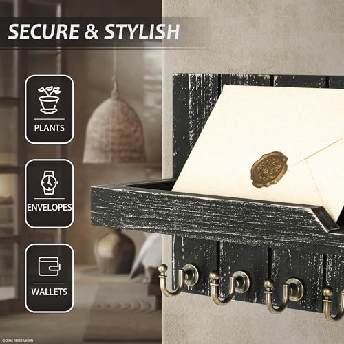 Rebee Vision Rustic Key Holder Wall Mount for Home Decor - Farmhouse Key Holder for Wall with Floating Shelf & 7 Sturdy Hooks - Stylish Mail Organizer to Tidy Apartment Essentials (Old Black) - color: Old Black, size: 15-inch