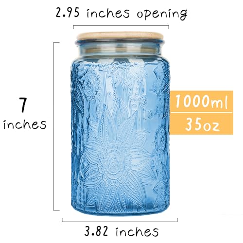 Custde Glass Storage Jars With Airtight Lid, 35oz Canister For Kitchen Counter with Bamboo Lid, brown sugar, candy, coffee, cookie, salt, tea,pantry cute Jar (Blue, 35 fl oz) - color: Blue, size: 35 fl oz