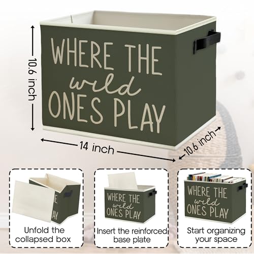 Olive Green Boho Classroom Storage Bins Box with Handles, Where the Wild Ones Play Collapsible Basket Organizer for Kids Playroom Nursery Bedroom Bathroom Toys Books Clothes - color: Color03