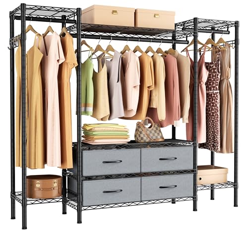 Golpart Heavy Duty Garment Rack Clothes Rack,Large Metal Closet Organizer System Storage Wardrobe,Freestanding Clothing Rack with 8 Adjustable Wire Shelves&3 Hang Rods,MaxLoad 900lbs - color: Black, size: 15.75"D x 61"W x 76.5"H