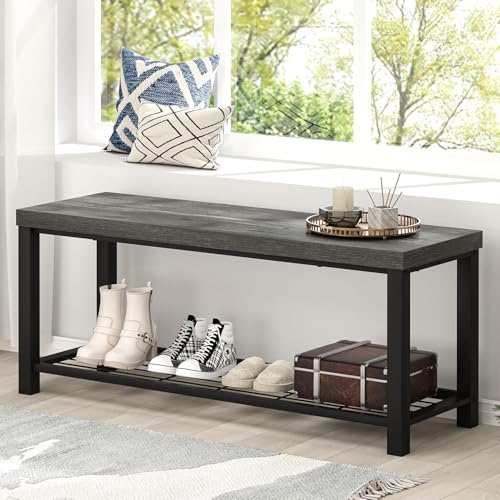 EXCEFUR Entryway Bench, Industrial Metal and Wood Storage Bench for Living Room, Indoor Shoe Rack Bench Seat, 43.3 Inch Grey - color: Grey, size: 2-Tier