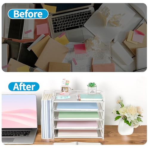 AUPSEN Desk Organizers and Accessories, 5-Tier Desktop Paper File Organizer with Removable File Holder, Desk Accessories & Workspace Organization for Home Office Supplies (White) - color: White