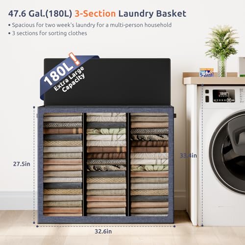 SOLEDI 180L 3-Section Laundry Hamper with Lid, Extra Large Dirty Clothes Basket with Sturdy Handles for Laundry Room & Bedroom - Durable Organizer for Sorting Laundry - color: Navy blue, size: 180L