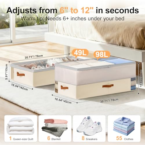 Under Bed Storage Bins - 98L Height-adjustable Under Bed Storage Containers, Compression Blanket Storage Comforter Storage Sweater Storage, Clothes Storage Bins With Clear Window, 2 Pack Beige - color: Beige, size: 2 Pack