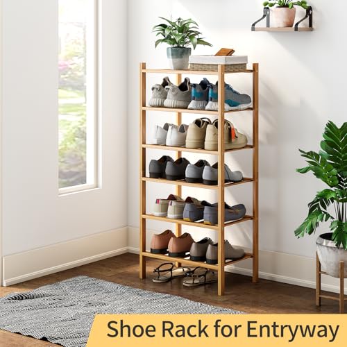 6-Tier Small Shoe Rack for Entryway, Stackable | Heavy Duty | Multi-Function, Bamboo Free Standing Shoe Racks for Bedroom Hallway Closet - color: Natural, size: 6-Tier-Short