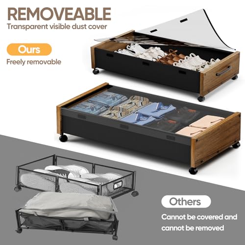 KITHELP Wooden Under Bed Storage with Wheels, Rolling Under the Bed Storage Bins with Removable Lid, Metal Under Bed Drawers for Clothes and Shoes in Bedroom or Living Room(Walnut Brown-2pack) - color: Walnut Brown-2 pack