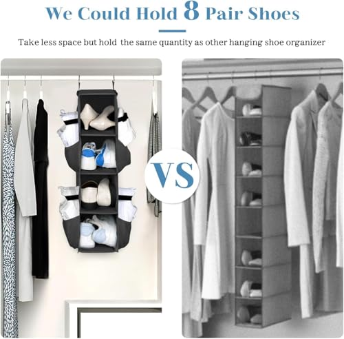 SLEEPING LAMB Short Hanging Shoe Organizer for Closet Storage with Mesh Side Pockets Holds 8 Pairs, Hanging Shoe Rack Hanger RV, Camper, Black - color: Black, size: 25''